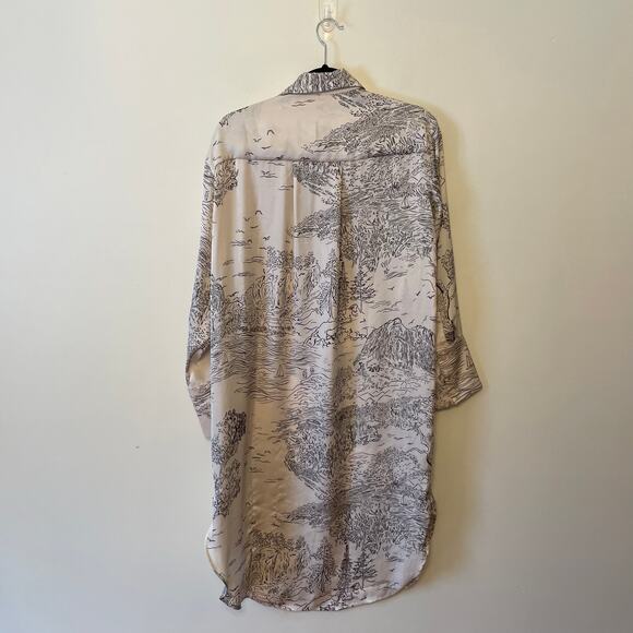 H&M M long sleeve button down tunic top oriental AOP cream AOP nature black - Picture 5 of 7